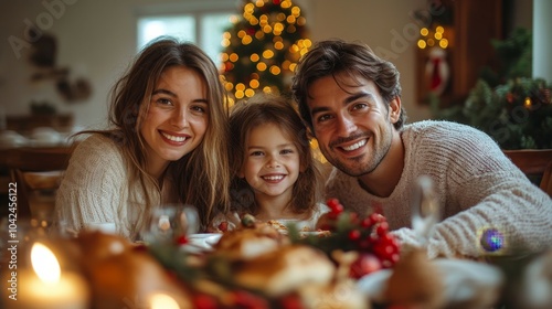 En la Navidad familiar los niños posan sonriente ante las cámaras en la cena de Navidad bajo las luces del arbolito.