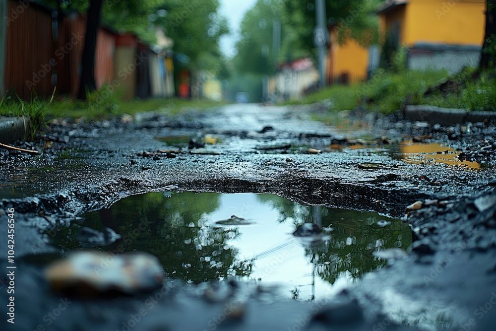 Fototapeta premium A Puddle Reflects a Rainy Day in a City Street