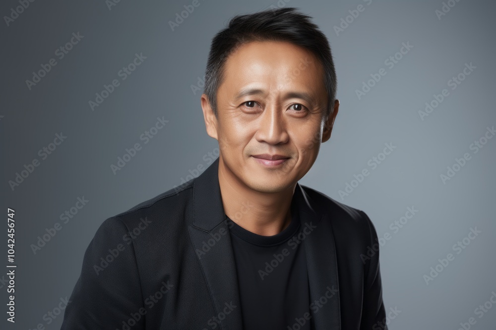 Portrait of a happy asian man in black jacket on grey background Portrait of a happy asian man in black jacket on grey background
