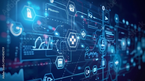 Abstract digital medical interface with various icons and lines connected, representing modern healthcare technology.