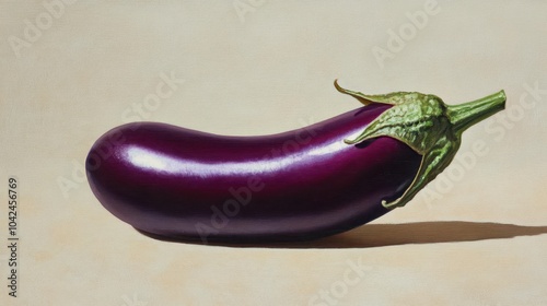 A bright purple eggplant on a sandy beige background