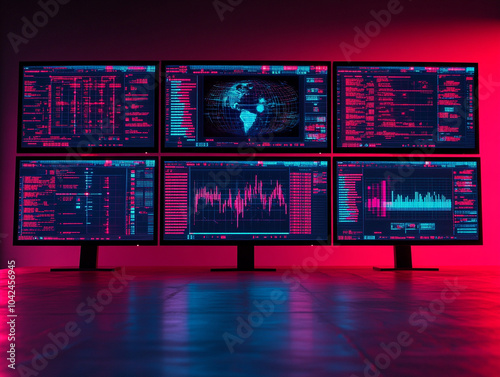 Data analysis workspace with multiple monitors displaying various digital interfaces.