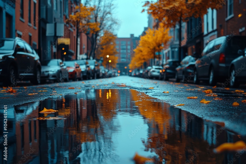 Fototapeta premium Water Reflection of City Street with Cars and Autumn Leaves