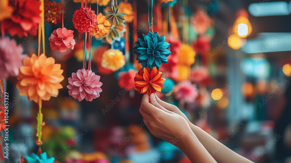a woman's hands hanging colorful decorations for día de reyes kings day