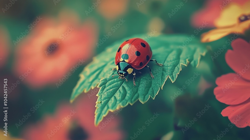 Vibrant Ladybug on Leaf Among Colorful Flowers