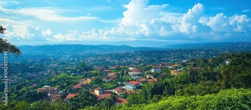 Panoramic view of a city nestled amongst lush green hills under a clear blue sky with fluffy white clouds.