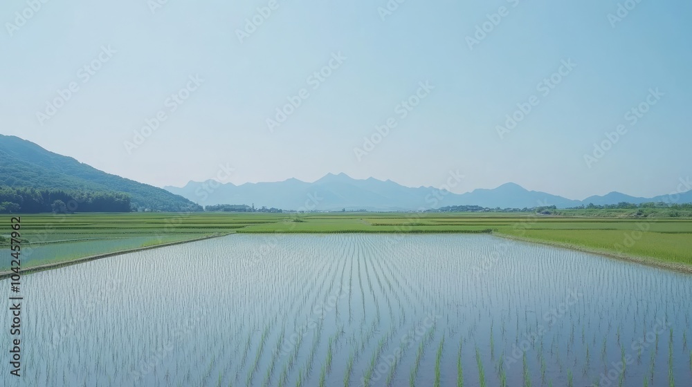 Fototapeta premium Serene Rice Field Under Clear Blue Sky