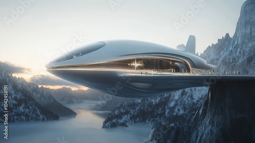 Wallpaper Mural Futuristic flying vehicle design on a misty lake at dawn with reflective water and mountains in the background Torontodigital.ca