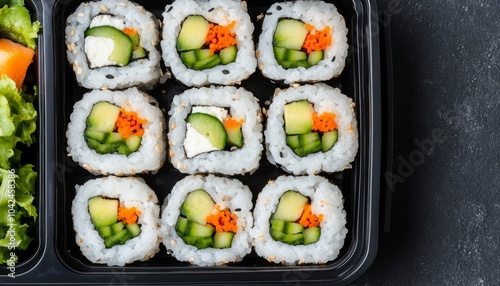 A close-up of sushi rolls arranged in a black container.