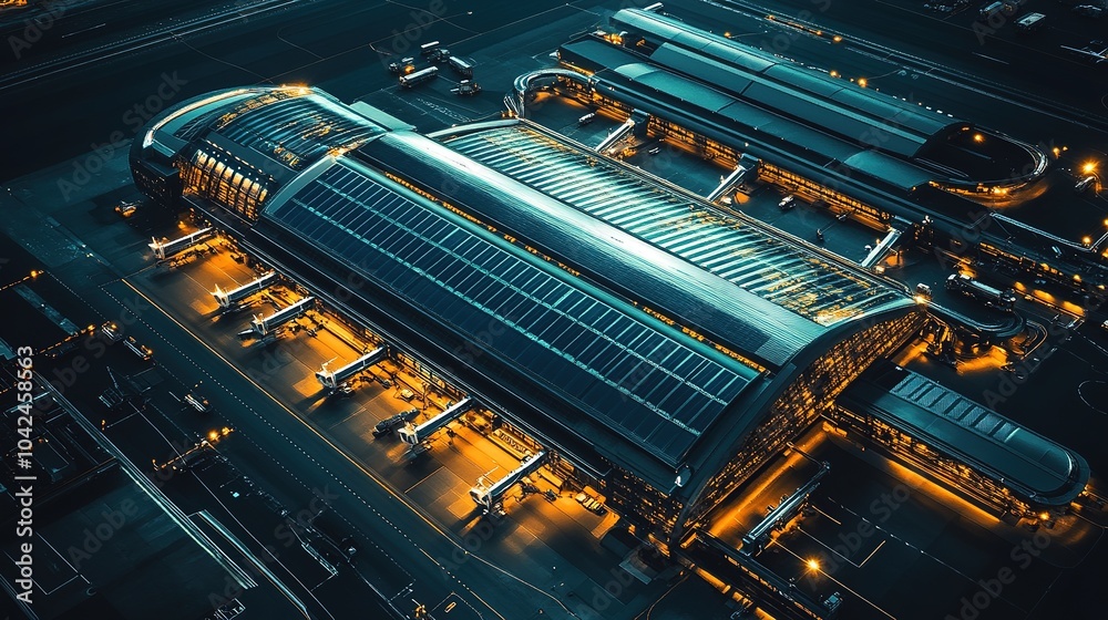 Obraz premium Aerial view of a modern airport terminal illuminated at night, showcasing busy gates and runways with aircraft parked