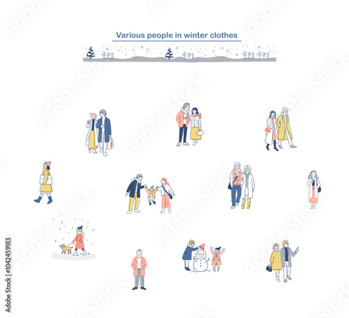 歩いているさまざまな人々　冬　セット