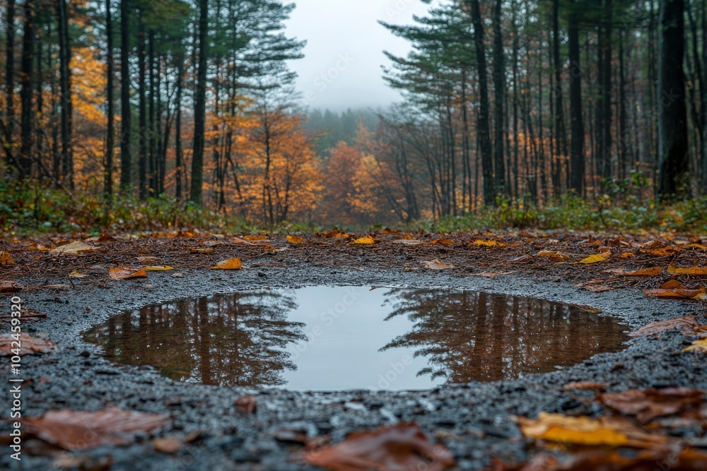 Obraz premium A Forest Puddle Reflecting Autumn Trees and Fog