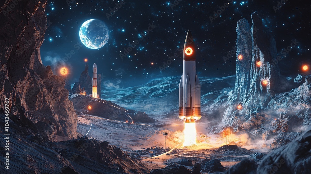 Fototapeta premium Space launch of two rockets ascending from Earth, surrounded by clouds and illuminated by sunlight in a deep blue sky