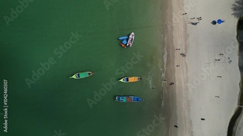 Drone shot Thailand beach with long tail boat, Phuket beach with long tail boat
