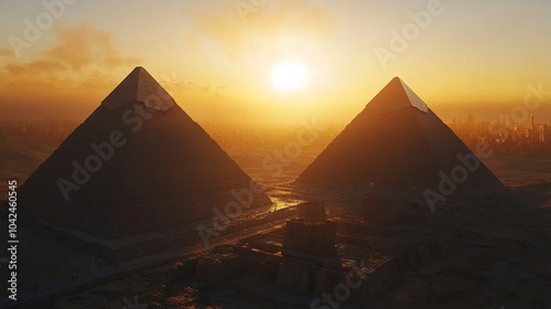 Stunning Sunset Over Ancient Pyramids in Desert Landscape