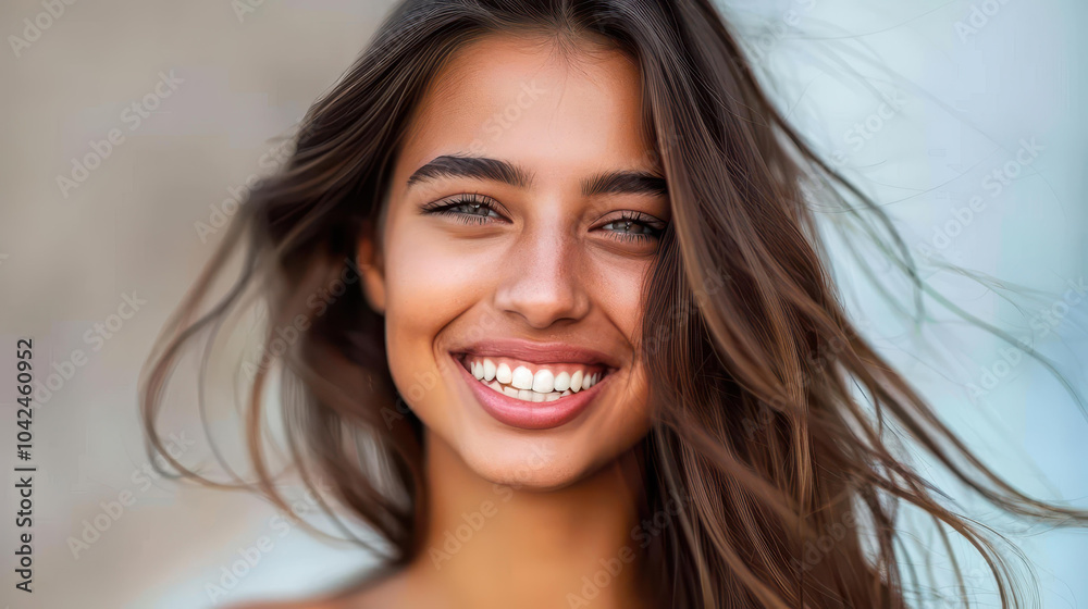 Fototapeta premium Trendy summer fashion shines in this vibrant closeup of a joyful woman, capturing her smile amid city streets.