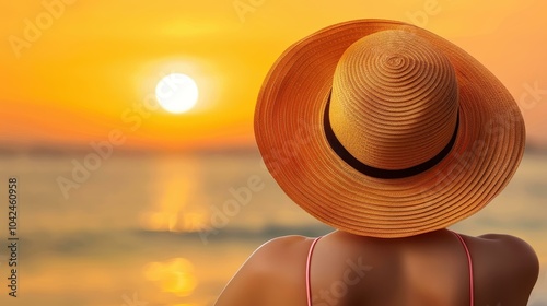 A woman enjoys a breathtaking sunset by the sea, her summer hat framing a serene moment filled with wanderlust. photo