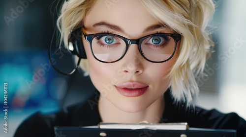 A young blonde female operator efficiently handles calls in her office, sporting a headset and jotting notes on a clipboard. photo