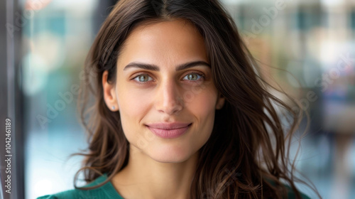 A young professional focuses on her work as she sits at a sleek desk in a bright, glasswalled office. photo