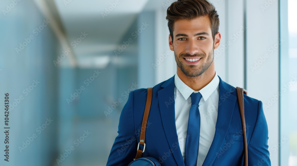 Stylish male traveler in a suit strides confidently through the airport corridor, exuding professionalism and charm. Stylish male traveler in a suit strides confidently through the airport corridor, exuding professionalism and charm.
