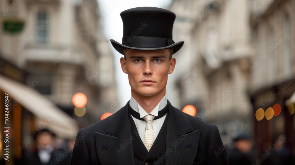 A young British gentleman from the th century, clad in period attire, poised elegantly on a bustling city street. A young British gentleman from the th century, clad in period attire, poised elegantly on a bustling city street.