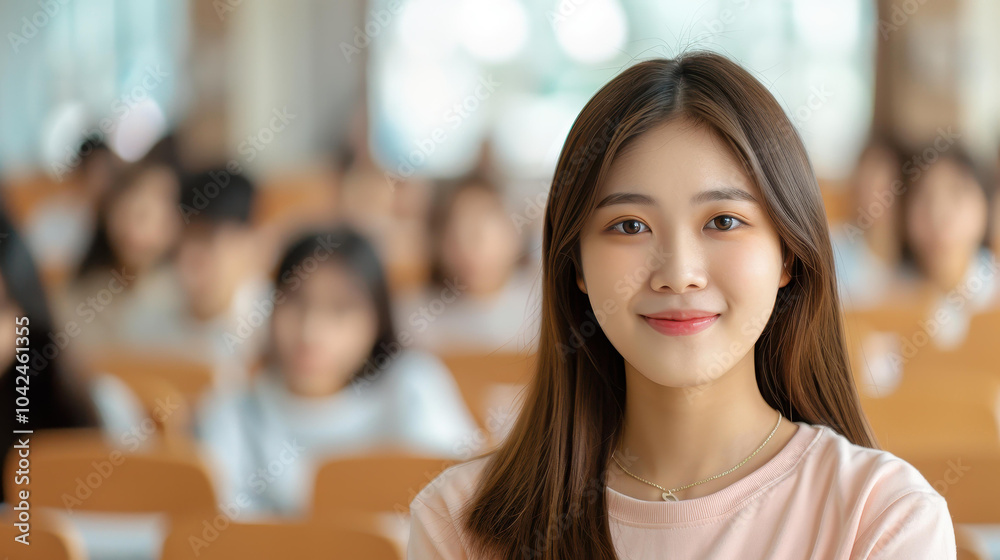 A cheerful Asian university student sitting in a lecture hall, engaged in learning and enjoying college life with peers. A cheerful Asian university student sitting in a lecture hall, engaged in learning and enjoying college life with peers.