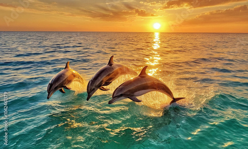 dolphins jumping into the water and sunset landscape