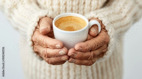 Delicate, wrinkled hands cradle a warm coffee cup, radiating warmth and comfort in a moment of quiet reflection. photo