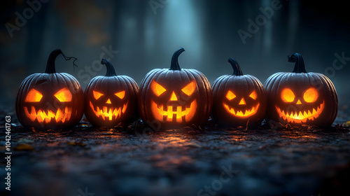 Five glowing jack-o'-lanter...