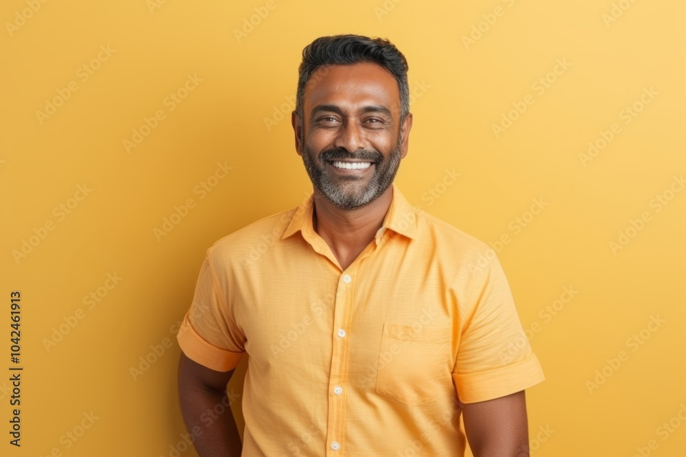 Portrait of Indian man smiling and looking at camera against yellow background Portrait of Indian man smiling and looking at camera against yellow background