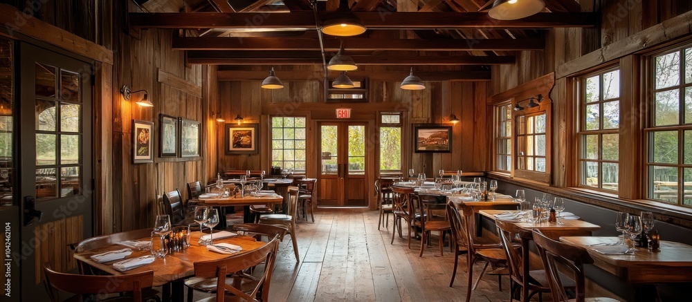 Rustic dining room with wood beams and large windows, set with tables and chairs. Rustic dining room with wood beams and large windows, set with tables and chairs.