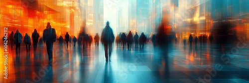 A digital painting of an urban scene with people walking in the city