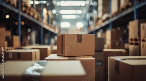 Cardboard boxes stacked in a large industrial warehouse