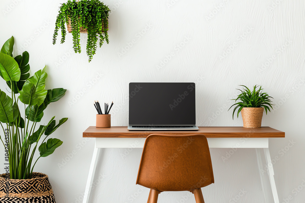 Minimalist home office setup with plants and modern desk design for productivity and comfort Minimalist home office setup with plants and modern desk design for productivity and comfort
