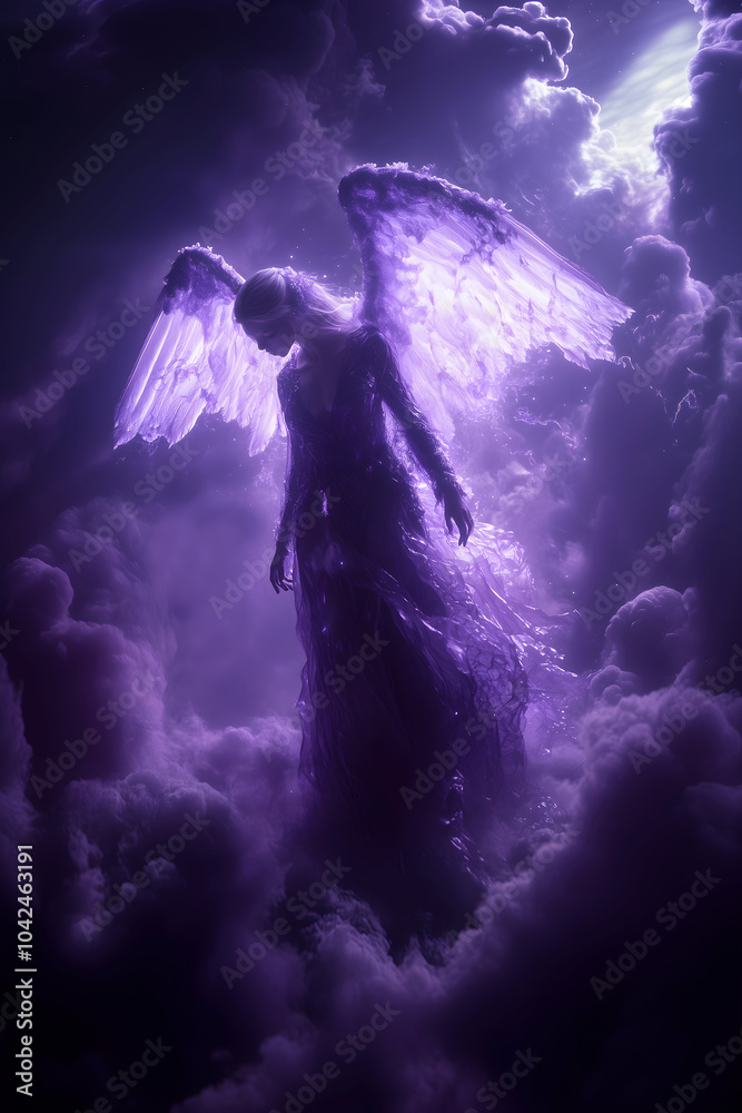 Violet angel, seventh ray of light (Archangel Zadkiel), representing the Violet Flame of Saint Germain. Divine energy, transformation, dissolving blockades. Peaceful poster, wallpaper, background. Violet angel, seventh ray of light (Archangel Zadkiel), representing the Violet Flame of Saint Germain. Divine energy, transformation, dissolving blockades. Peaceful poster, wallpaper, background.