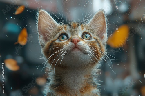 Close-up of a Curious Kitten with Rain-like Background