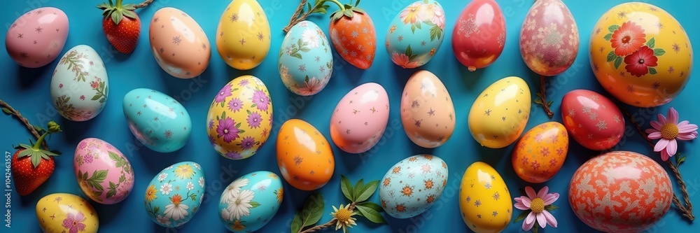 A vibrant display of beautifully decorated Easter eggs on a bright background, perfect for spring themed projects, invitations, or holiday promotions.