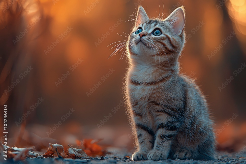 Fototapeta premium A Tabby Kitten Gazes Upward in a Golden Forest