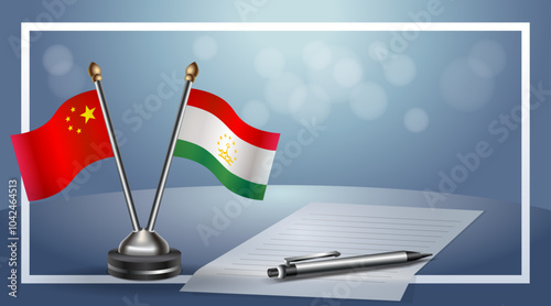 China and Tajikistan Small national flag on bokeh background, cooperative relationship