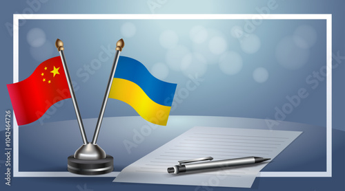 China and Ukraine Small national flag on bokeh background, cooperative relationship