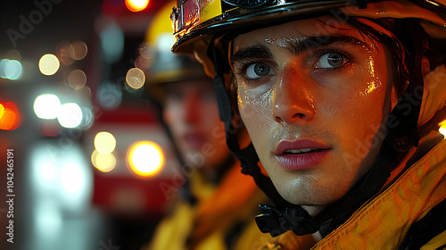 A close-up of a firefighter...