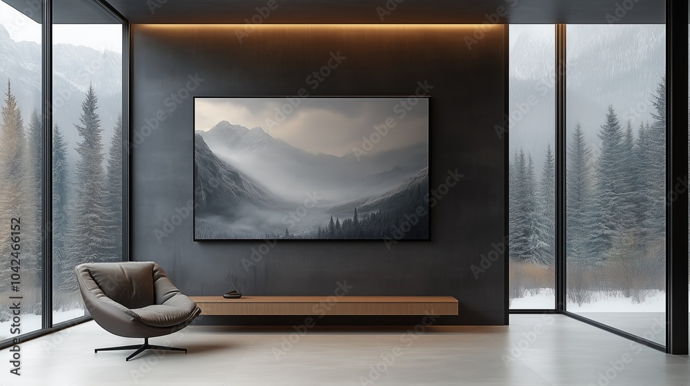 Fototapeta premium Photograph of an ultra-modern entrance hall with a wall art print above the console table, set against dark grey walls and ceiling, featuring a rocky mountain landscape