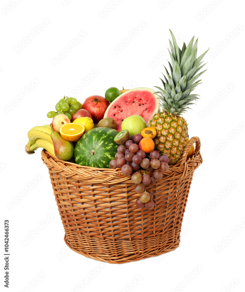 Many different fresh fruits in wicker basket isolated on white Many different fresh fruits in wicker basket isolated on white