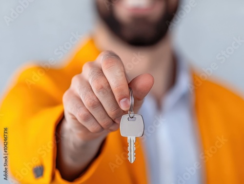 Confident real estate agent hands over keys to happy family celebrating new home ownership journey in gigapixel standard image quality photo