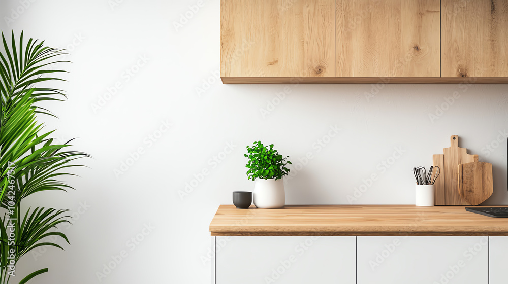 Fototapeta premium Modern minimalist kitchen design with natural elements and greenery