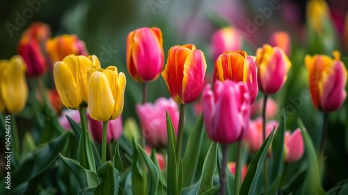 Colorful Tulips Blooming in Spring Garden