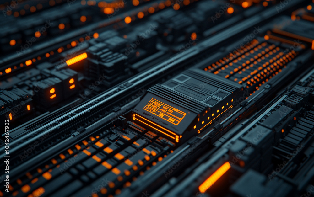 Futuristic circuit board with glowing orange lights on a dark background. Futuristic circuit board with glowing orange lights on a dark background.