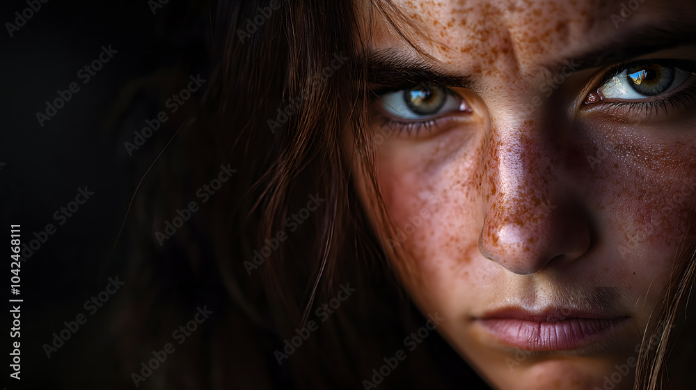 Dramatic close-up portrait of a young woman with menacing blue eyes, freckles and light projected onto her face, creating an intense and emotional atmosphere. Dramatic close-up portrait of a young woman with menacing blue eyes, freckles and light projected onto her face, creating an intense and emotional atmosphere.