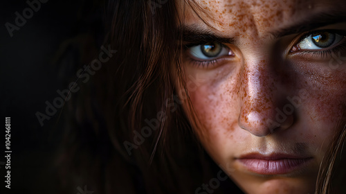 Dramatic close-up portrait of a young woman with menacing blue eyes, freckles and light projected onto her face, creating an intense and emotional atmosphere.