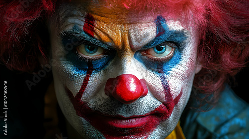 Intense close-up of a clown...